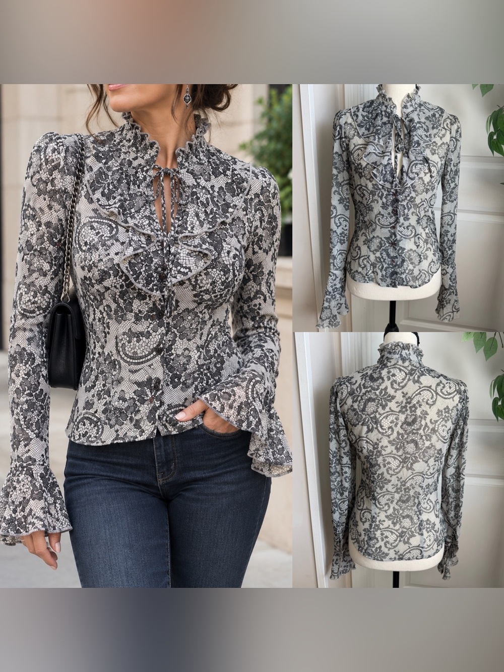 Heart Moon Star Y2K Vintage Paisley Ruffle Bell Sleeve Blouse Top Gray Sz S